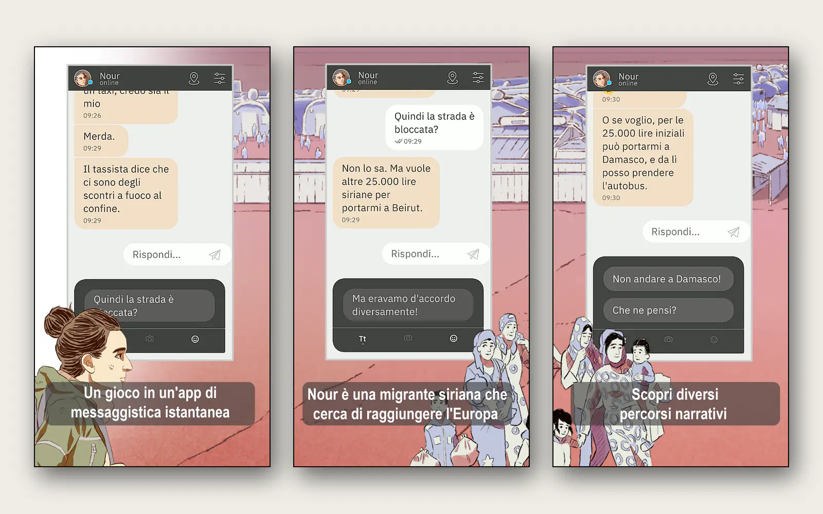 Screenshot da Bury me, my Love: le conversazioni via messaggi del gioco.
