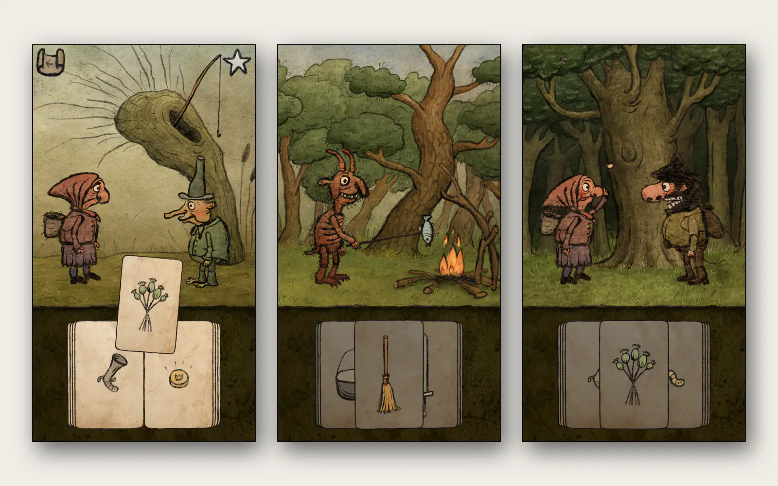 Personaggi-carta disegnati a mano nel bosco di Pilgrims.